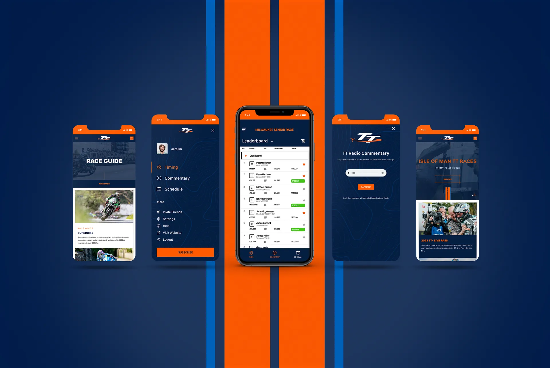 Five smartphone screens showing the Isle of Man TT app built by DotPerformance, including the race guide, timing menu, Milwaukee Senior Race leaderboard, TT Radio Commentary, and the 2023 TT website